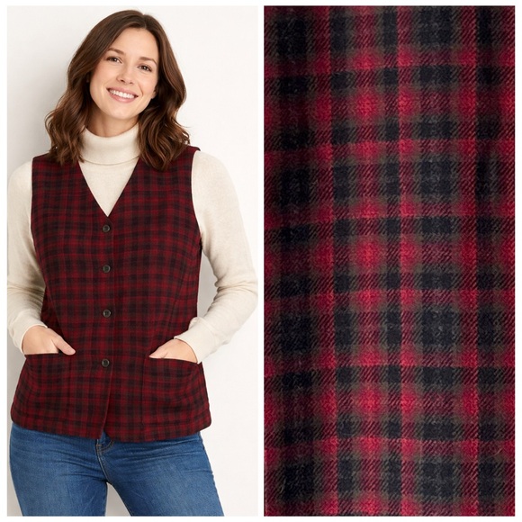 Eddie Bauer 90s Vintage Red Black Green Plaid Wool Vest Fully Lined Size Large - Picture 12 of 12